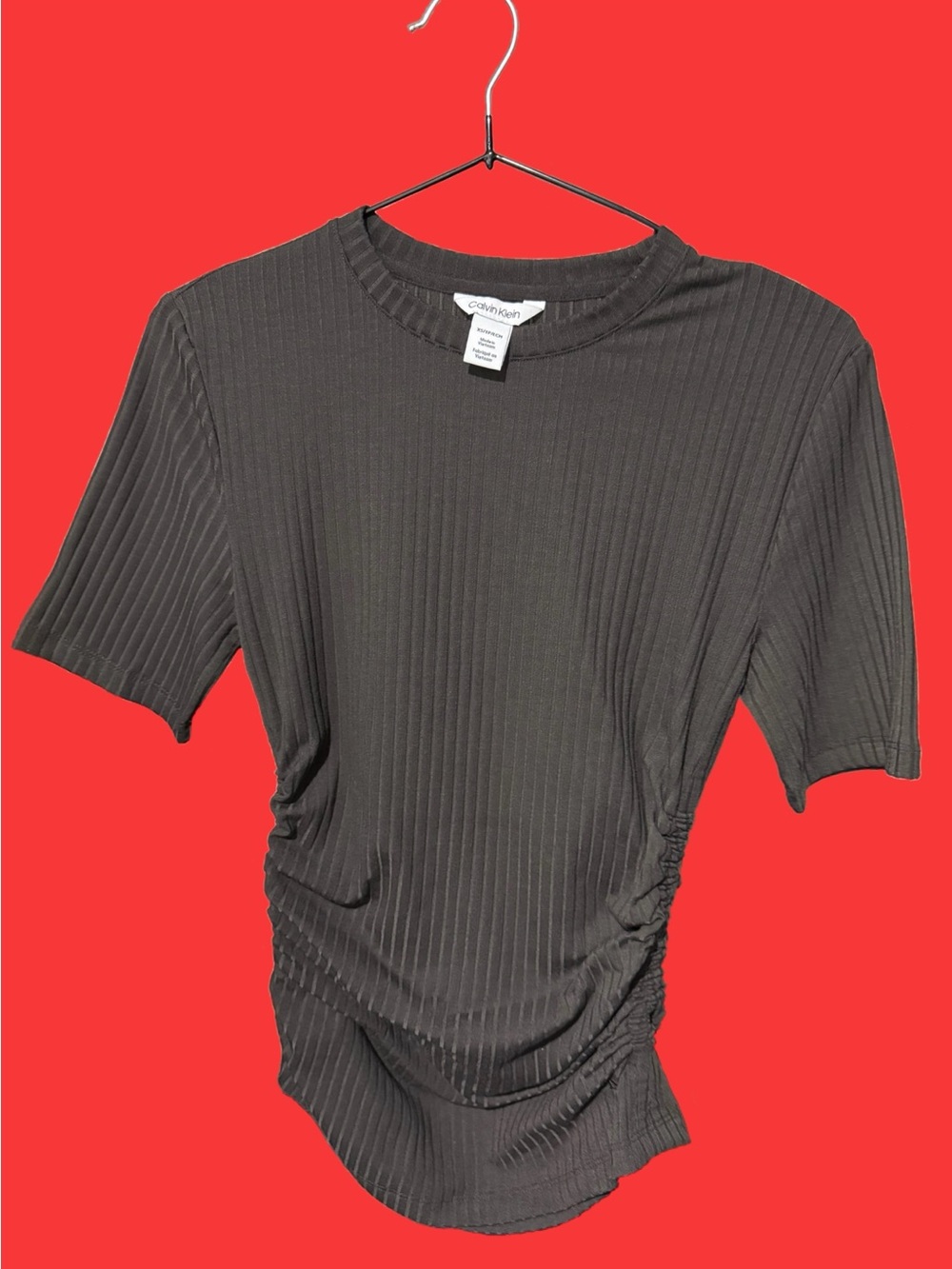 Calvin Klein Ribbed Short-Sleeve Tee in Charcoal Gray